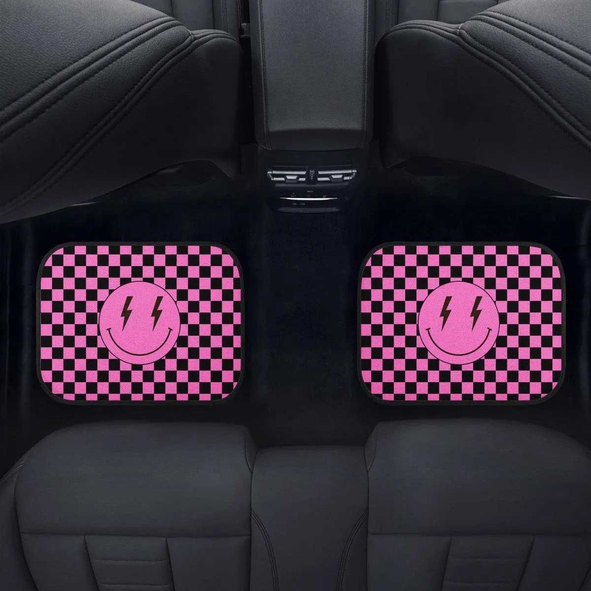 Pink Checkered Lighting Bolt Smiling Face Car Floor Mats