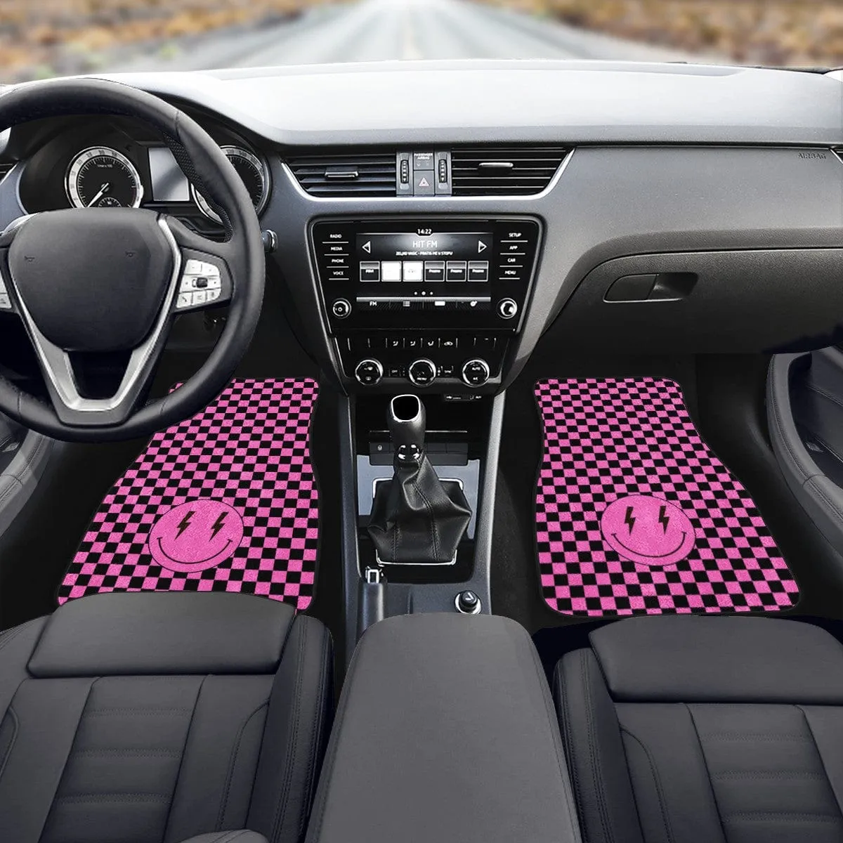 Pink Checkered Lighting Bolt Smiling Face Car Floor Mats