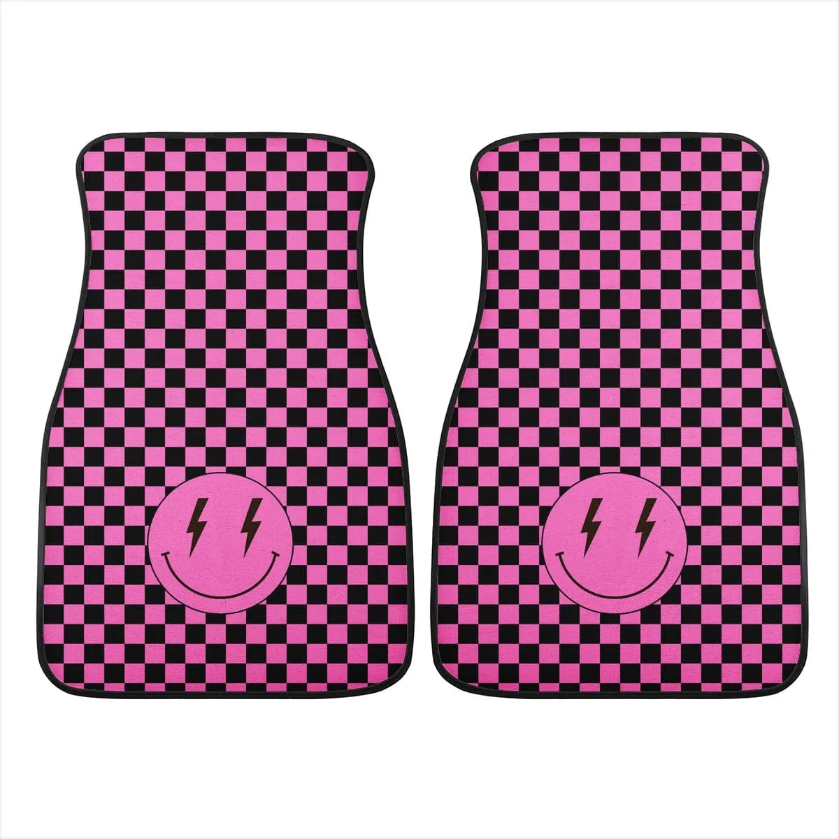Pink Checkered Lighting Bolt Smiling Face Car Floor Mats