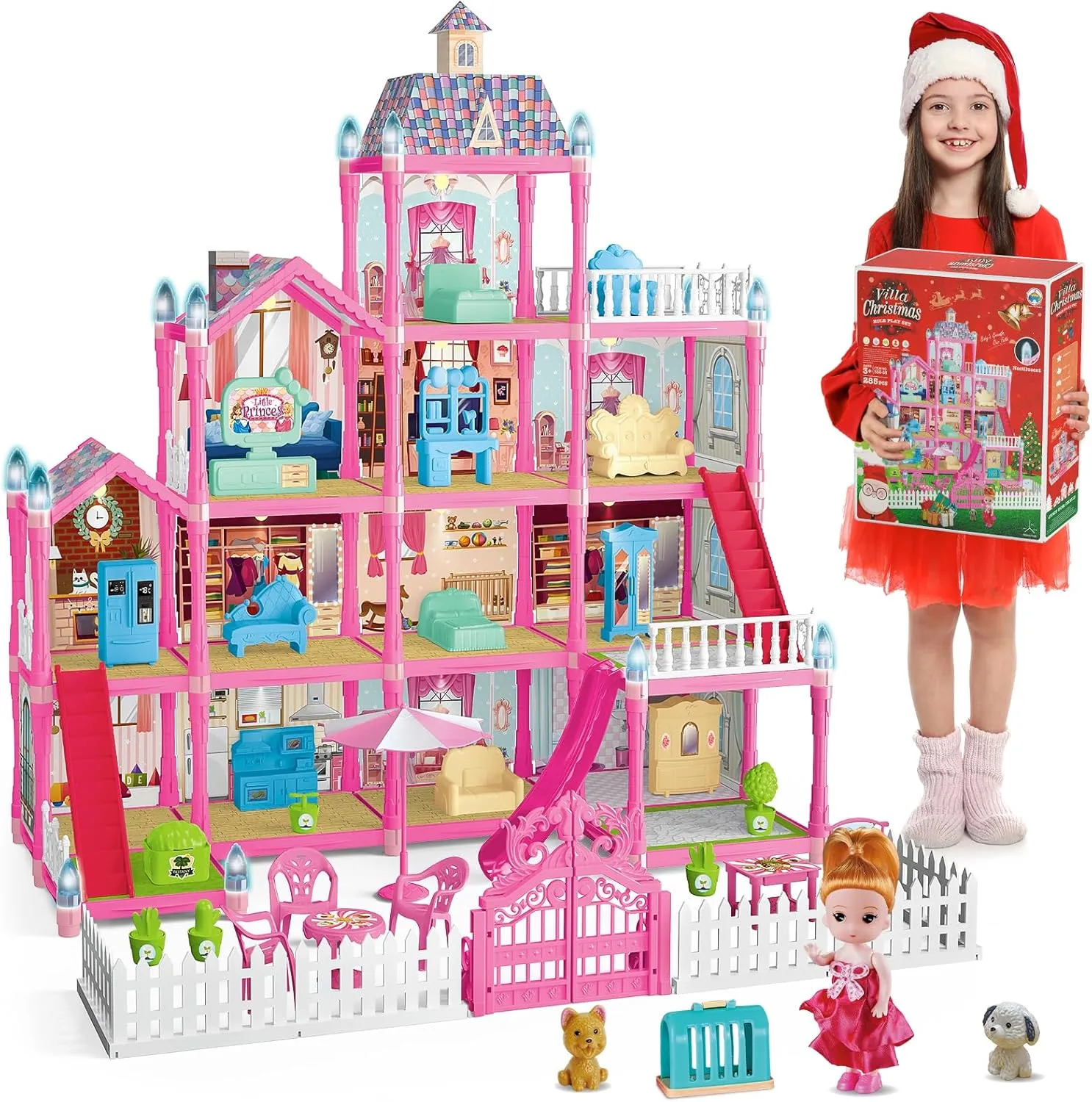Pink Dolls Houses for Girls with Lights, 1 Dolls, 2 Pets, 3 Floors -13 Rooms, 285 PCS Dream Girls House Pretend Play Toy Set of Furniture & Accessories, Holiday Birthday Gift for 3  Year Old