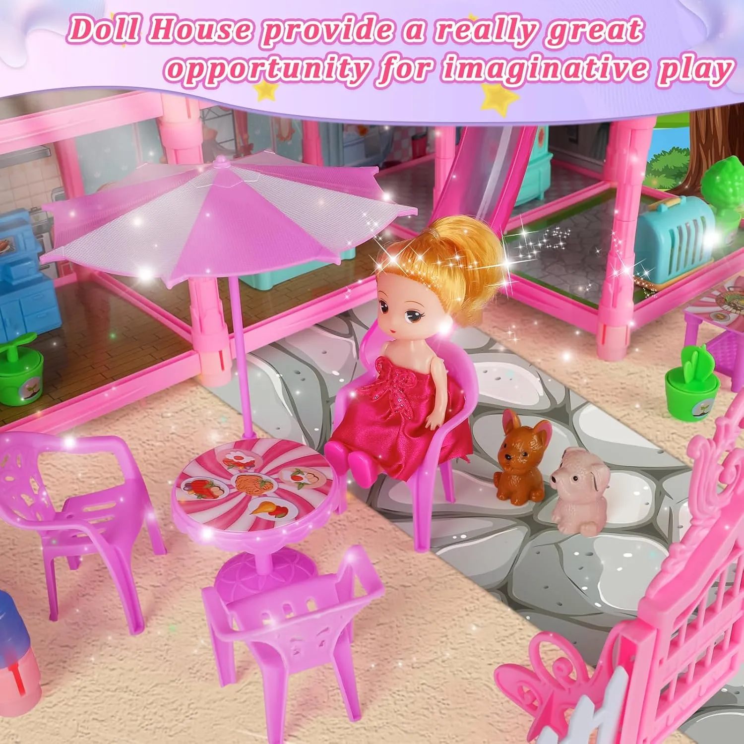 Pink Dolls Houses for Girls with Lights, 1 Dolls, 2 Pets, 3 Floors -13 Rooms, 285 PCS Dream Girls House Pretend Play Toy Set of Furniture & Accessories, Holiday Birthday Gift for 3  Year Old