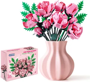 Pink Rose Flower Building Set-10pcs Roses & 2pcs Leaves Botanical Collection, Artificial Flowers for Home Décor, Rose Bouquet Building Kit for Valentine’s Day Christmas Birthday Anniversary (No Vase)