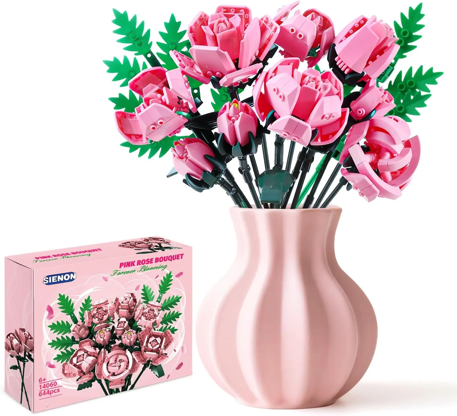 Pink Rose Flower Building Set-10pcs Roses & 2pcs Leaves Botanical Collection, Artificial Flowers for Home Décor, Rose Bouquet Building Kit for Valentine’s Day Christmas Birthday Anniversary (No Vase)