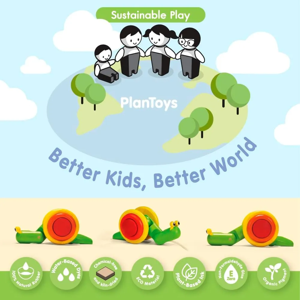 PlanToys Pull Along Toy Snail - Sustainably Made from Rubberwood Featuring Organic-Pigment Coloring and Water-Based Dyes with Crawling Action as it Rolls on the Edges of the Shell