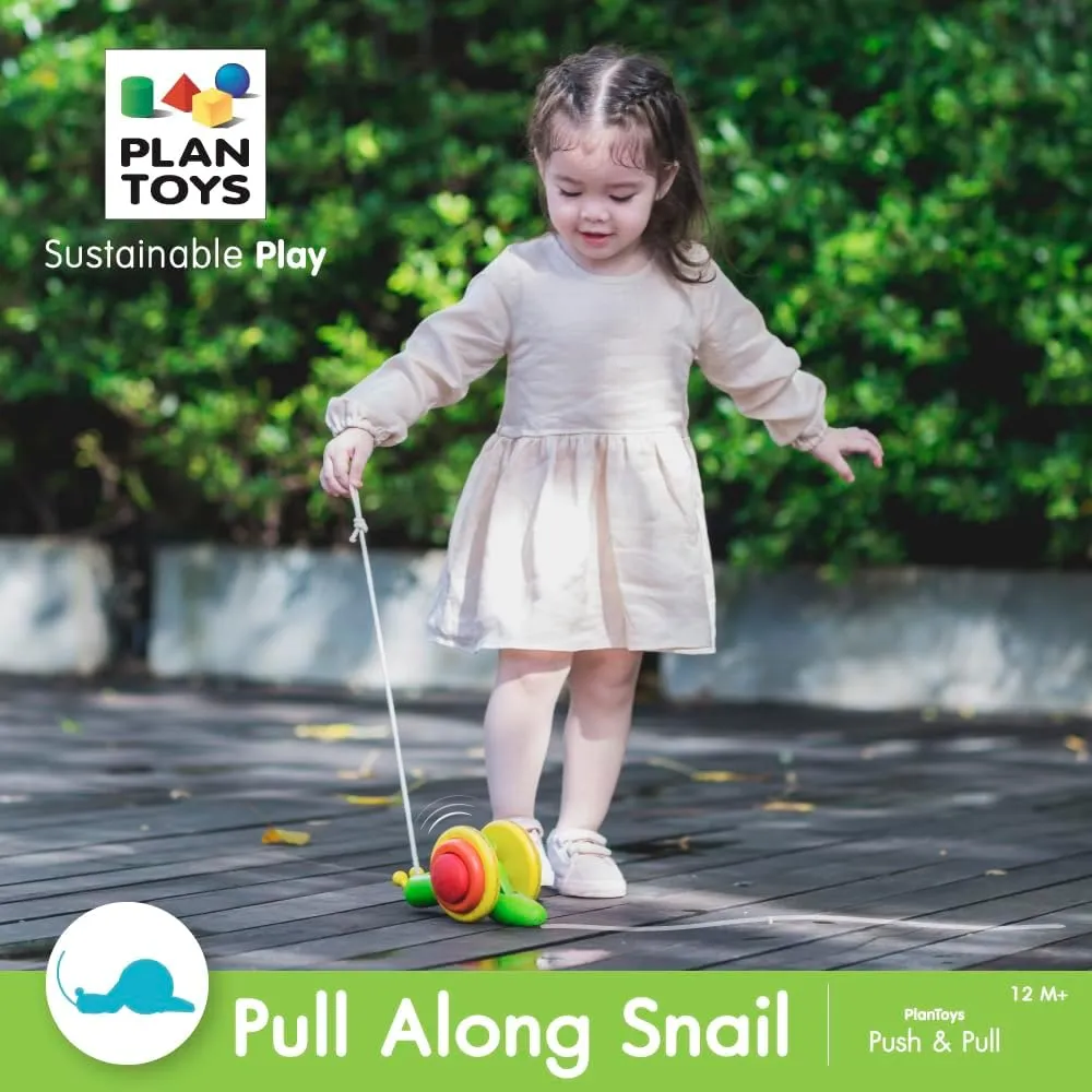 PlanToys Pull Along Toy Snail - Sustainably Made from Rubberwood Featuring Organic-Pigment Coloring and Water-Based Dyes with Crawling Action as it Rolls on the Edges of the Shell