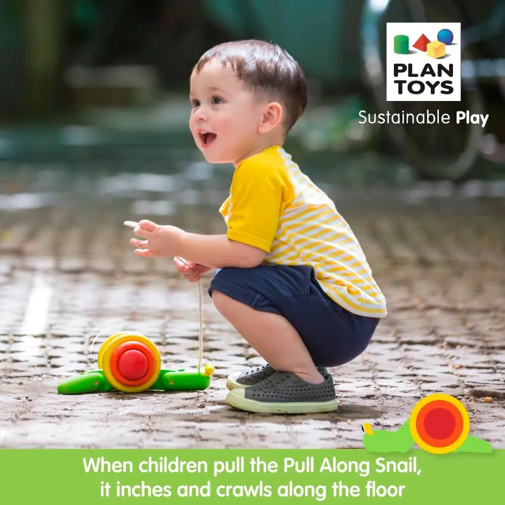 PlanToys Pull Along Toy Snail - Sustainably Made from Rubberwood Featuring Organic-Pigment Coloring and Water-Based Dyes with Crawling Action as it Rolls on the Edges of the Shell