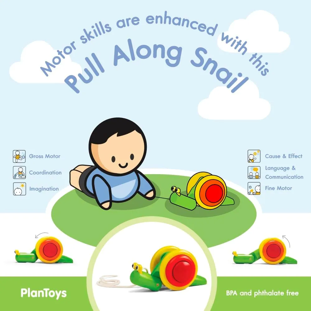 PlanToys Pull Along Toy Snail - Sustainably Made from Rubberwood Featuring Organic-Pigment Coloring and Water-Based Dyes with Crawling Action as it Rolls on the Edges of the Shell
