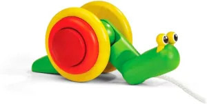 PlanToys Pull Along Toy Snail - Sustainably Made from Rubberwood Featuring Organic-Pigment Coloring and Water-Based Dyes with Crawling Action as it Rolls on the Edges of the Shell