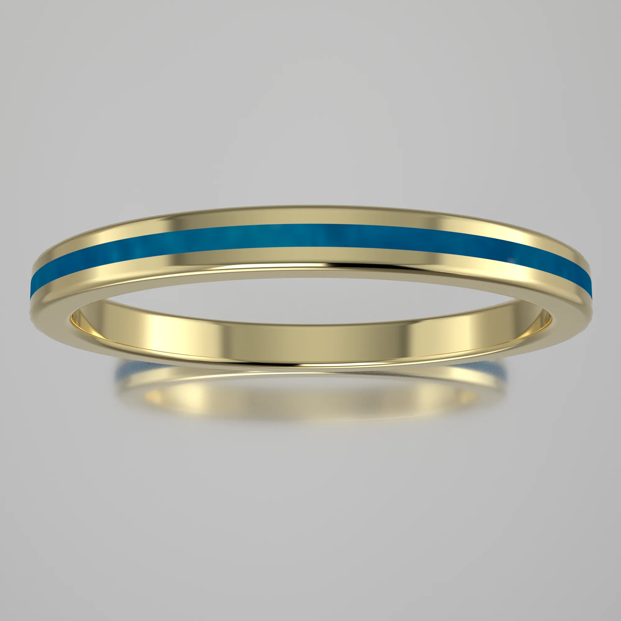 Polished Yellow Gold 2mm Stacking Ring Blue Swirl Resin