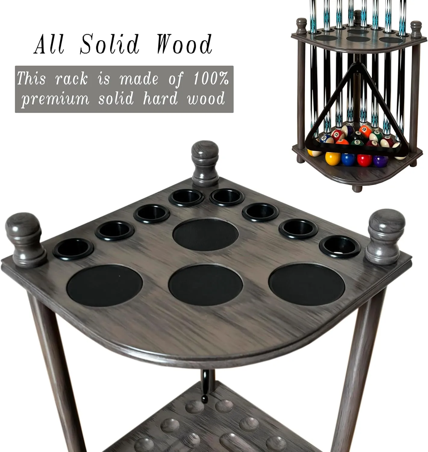 Pool Cue Rack Hold up to 8 Sticks & Billiard Accessories. Floor Stand Pool Cue Stick Holder Made of 100% Solid Hardwood.(GREY)