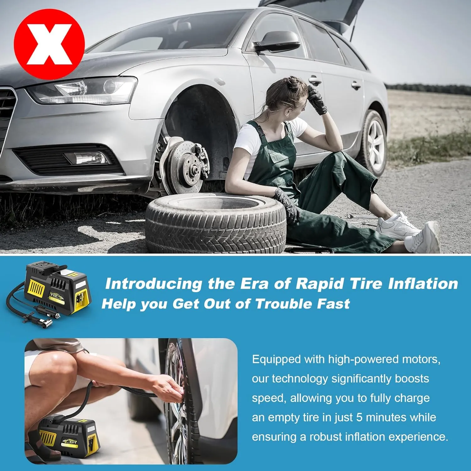 Portable Tire Inflator Digital Air Compressor 12V DC Tire Air Pump Car Accessories with Auto Shut-Off Function, Emergency LED Light, Carrying Case, Set of Nozzle Adaptors for Car, Motorcycle, Bicycle