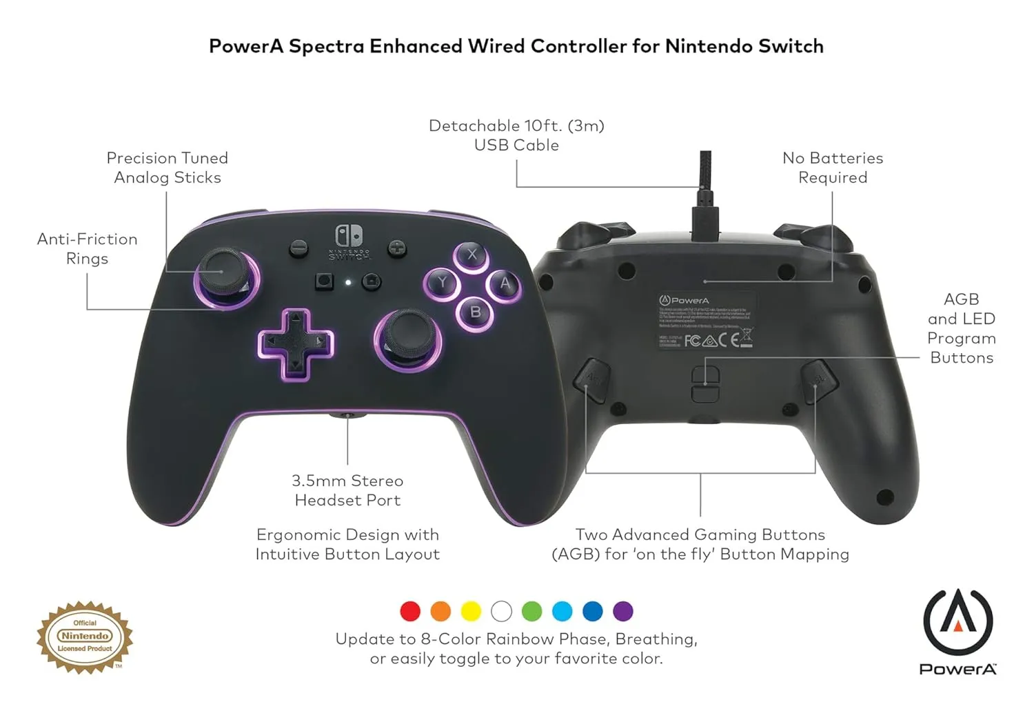 PowerA Enhanced Nintendo Switch Controller Wired - Spectra, 8 Colors LED Wired Pro Controller for Switch, Programmable Gaming Buttons, Detachable 10ft USB Cable, 3.5mm headphone jack, Officially Licensed by Nintendo