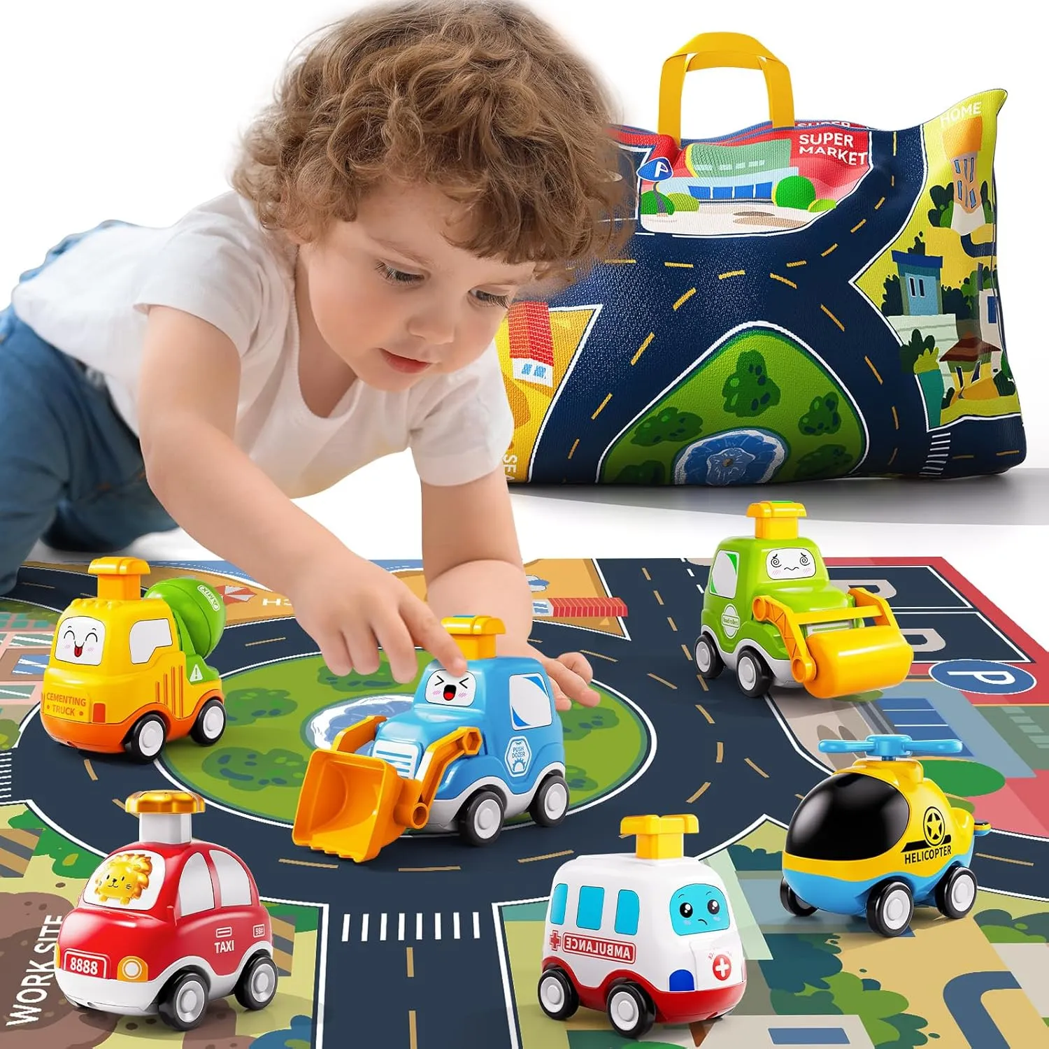 Press Engineering Car Toy for Tollders Age 1 2 3 4 5 6 Years Old - Toy Figure Car with Play Map, Push and Go Friction Car for 6 9 12 18 Months, Toddler Gifts for Infant Toddlers, Baby Toys