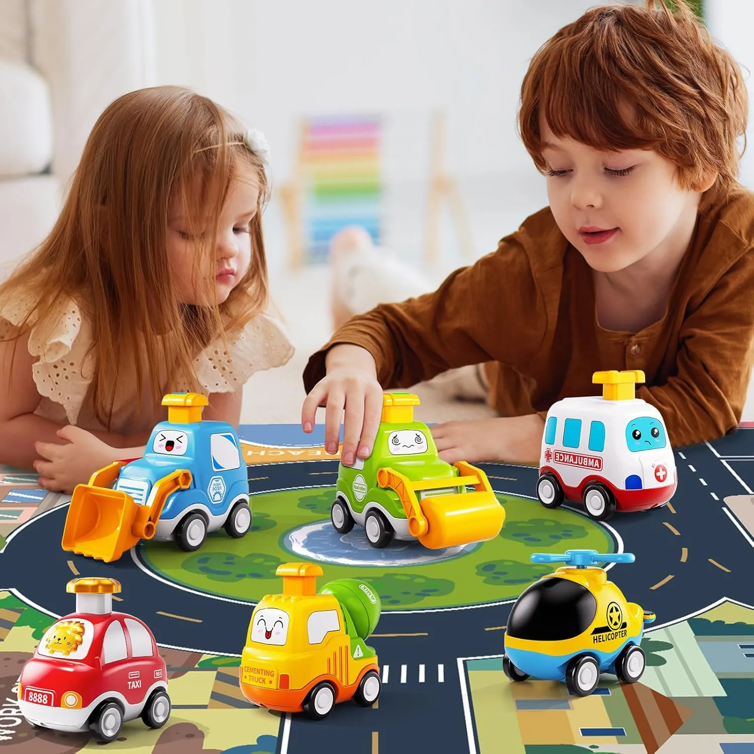 Press Engineering Car Toy for Tollders Age 1 2 3 4 5 6 Years Old - Toy Figure Car with Play Map, Push and Go Friction Car for 6 9 12 18 Months, Toddler Gifts for Infant Toddlers, Baby Toys