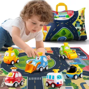 Press Engineering Car Toy for Tollders Age 1 2 3 4 5 6 Years Old - Toy Figure Car with Play Map, Push and Go Friction Car for 6 9 12 18 Months, Toddler Gifts for Infant Toddlers, Baby Toys