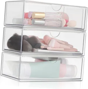 PRETYZOOM 3-Piece Makeup Organizer Box Set Lipstick Brush Skincare Sturdy Acrylic Modern Elegant Space-Saving Desk Top