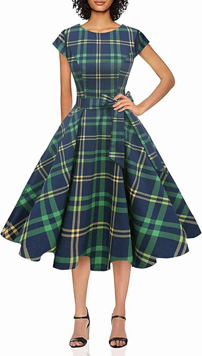 PUKAVT Women's 1950 Boatneck Cap Sleeve Vintage Swing Cocktail Party Dress with Pockets Gen5
