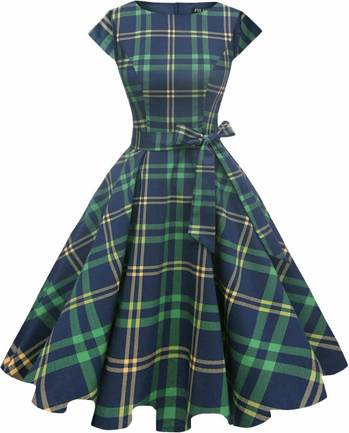 PUKAVT Women's 1950 Boatneck Cap Sleeve Vintage Swing Cocktail Party Dress with Pockets Gen5