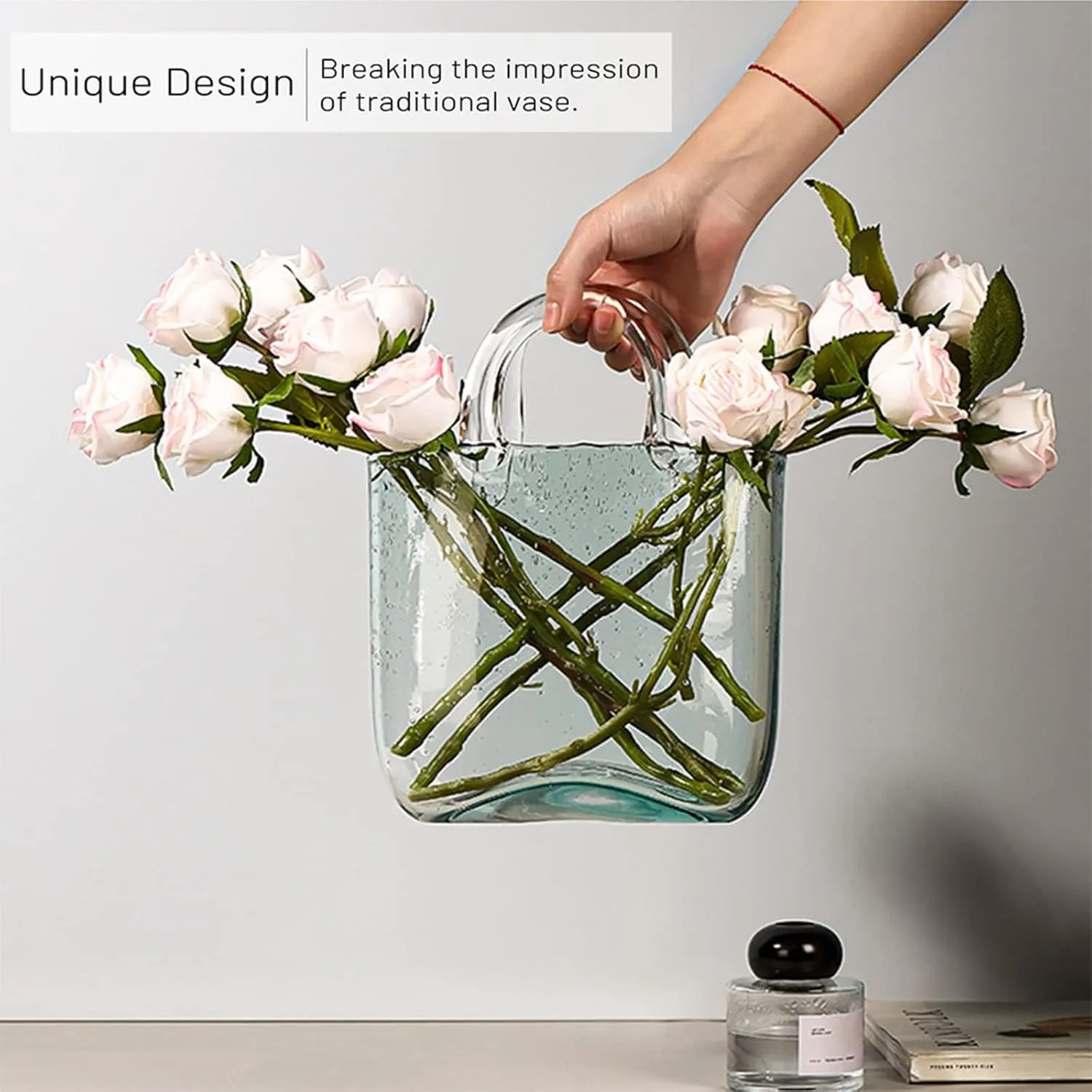 Purse Vase for Flowers, Multifunctional Hand Glass Vase Cute Fishbowl Glass Flower Vase, Glass Bag Vase for Decor,Style2-Blue
