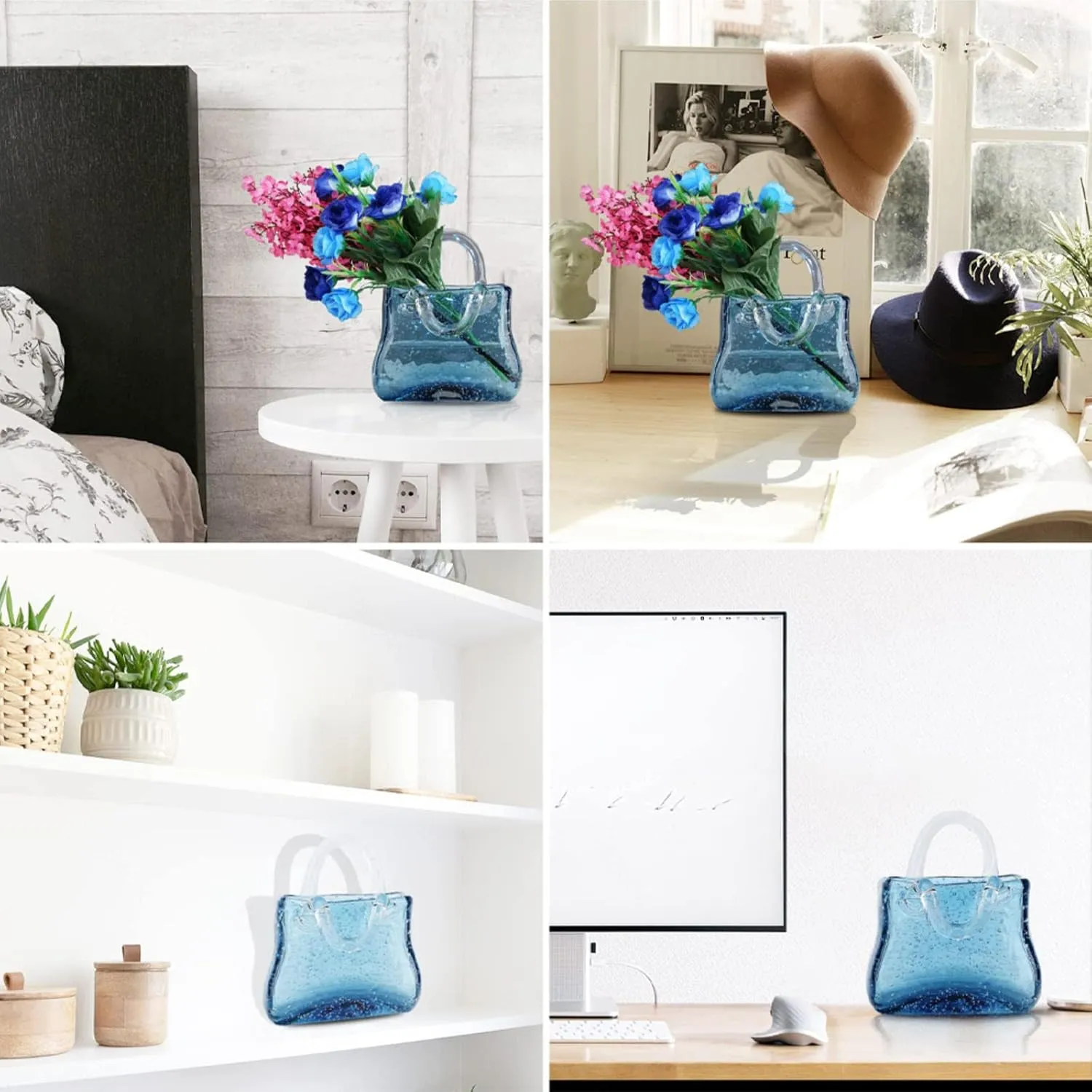 Purse Vase for Flowers, Multifunctional Hand Glass Vase Cute Fishbowl Glass Flower Vase, Glass Bag Vase for Decor,Style2-Blue