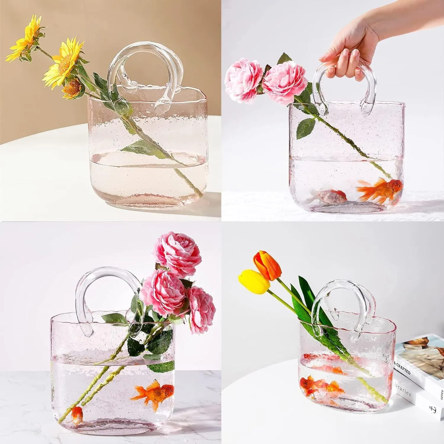 Purse Vase for Flowers, Multifunctional Hand Glass Vase Cute Fishbowl Glass Flower Vase, Glass Bag Vase for Decor,Style2-Blue