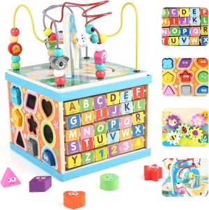 Qilay Wooden Activity Cube for Toddlers, 5 in 1 Multipurpose ABC-123 Abacus Early Educational Montessori Toys, Learning Toys for 3 Year Old | Bead Maze, Great for Boys Girls Toddlers