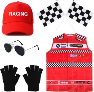 Race Car Driver Costume Accessories Set Including Racing Vest Red Cap Black Glasses Flags Gloves for Halloween Fancy Dress Up Supplies