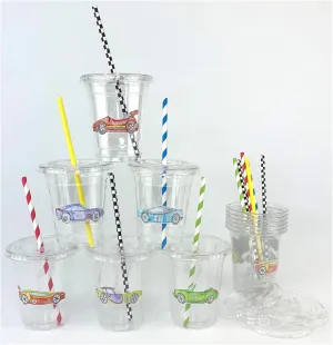 Race Car Themed Disposable Plastic Cups, 12 oz, Set of 12 with Lids and Straws