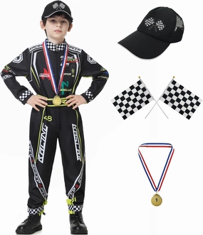 Race Car Driver Costume Boys Racer Jumpsuit With Car Cap Kids Dress Up for Halloween