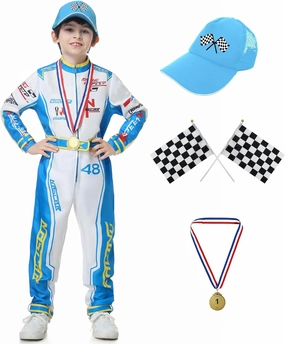 Race Car Driver Costume Boys Racer Jumpsuit With Car Cap Kids Dress Up for Halloween