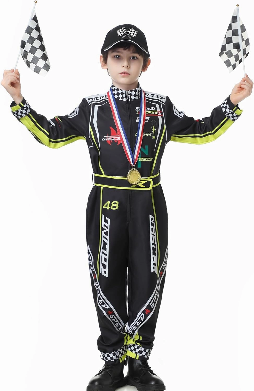 Race Car Driver Costume Boys Racer Jumpsuit With Car Cap Kids Dress Up for Halloween