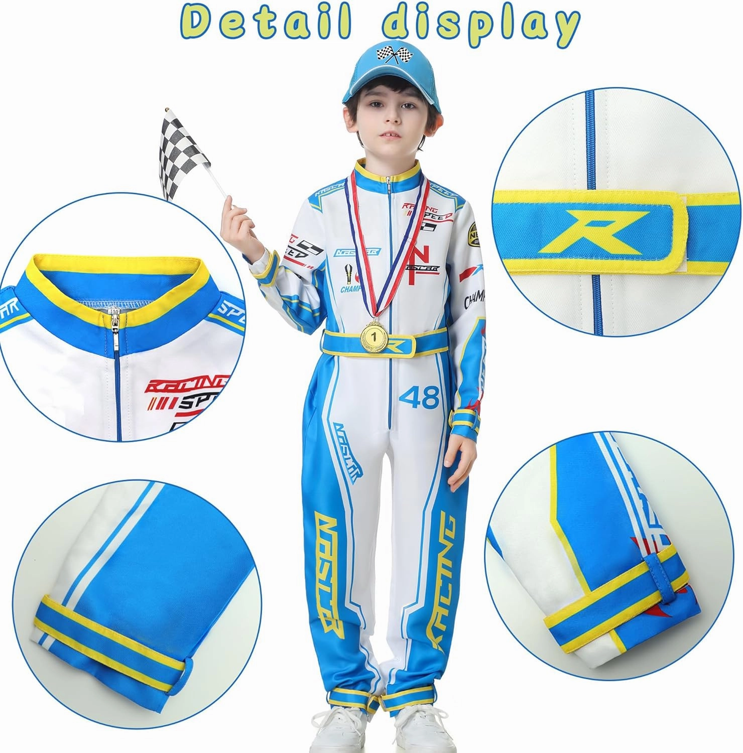 Race Car Driver Costume Boys Racer Jumpsuit With Car Cap Kids Dress Up for Halloween