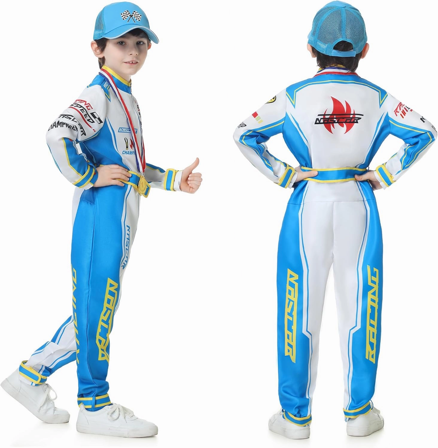 Race Car Driver Costume Boys Racer Jumpsuit With Car Cap Kids Dress Up for Halloween