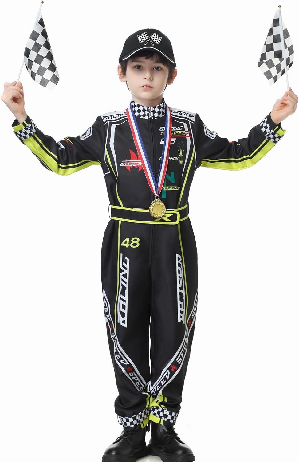 Race Car Driver Costume Boys Racer Jumpsuit With Car Cap Kids Dress Up for Halloween