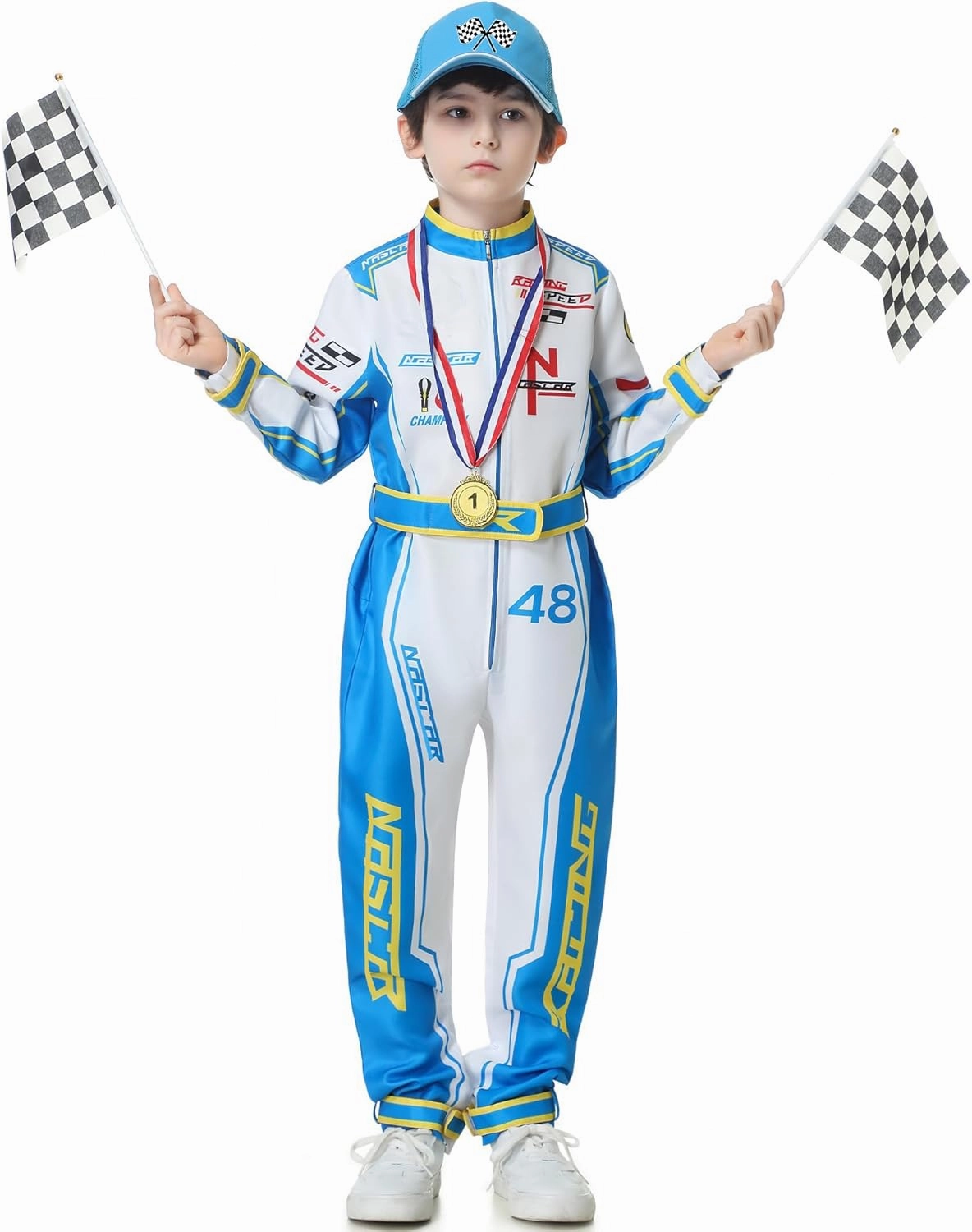 Race Car Driver Costume Boys Racer Jumpsuit With Car Cap Kids Dress Up for Halloween