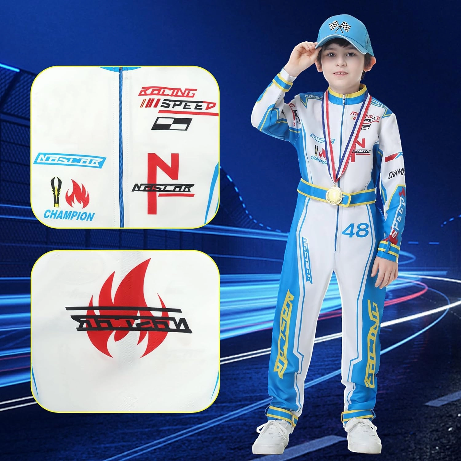 Race Car Driver Costume Boys Racer Jumpsuit With Car Cap Kids Dress Up for Halloween