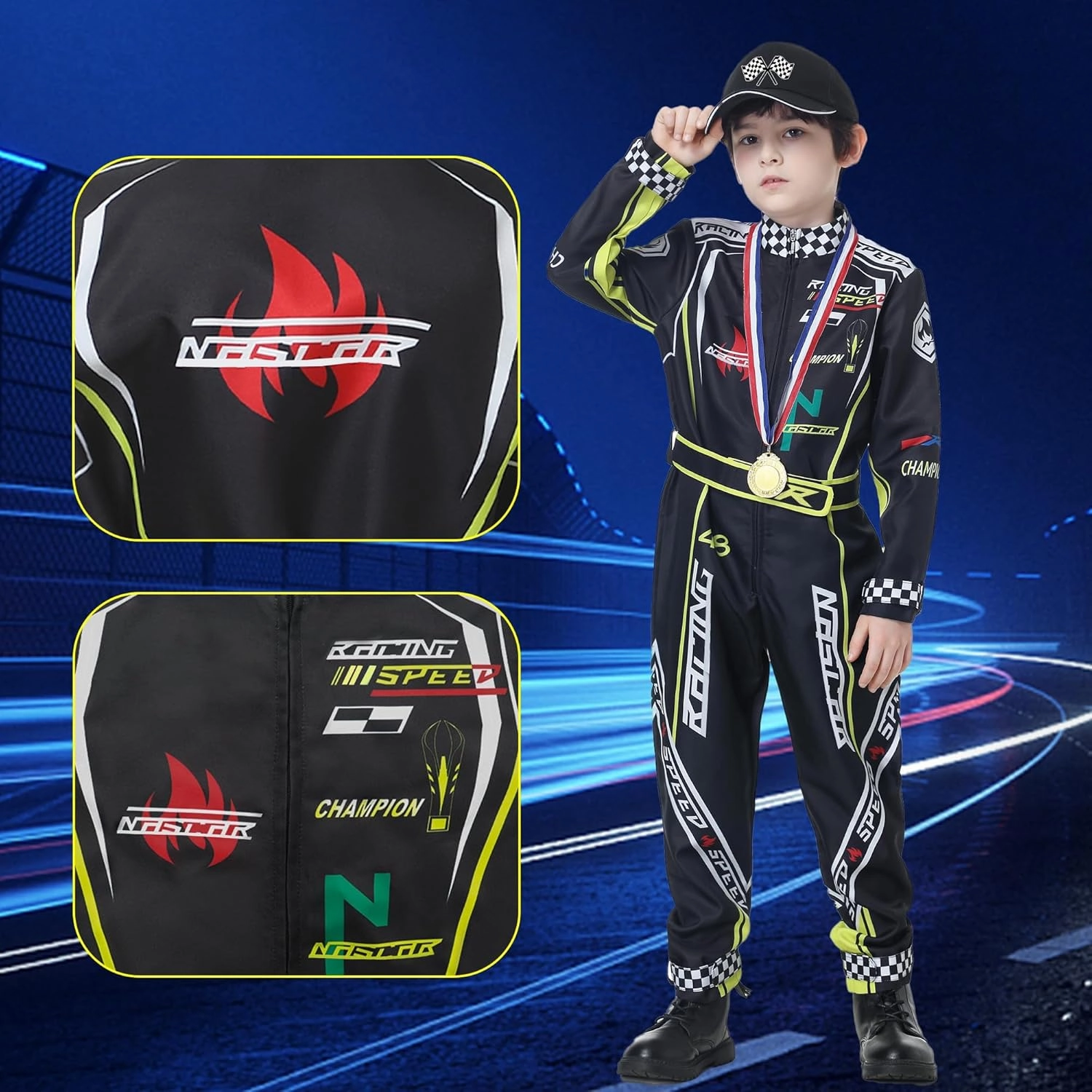 Race Car Driver Costume Boys Racer Jumpsuit With Car Cap Kids Dress Up for Halloween