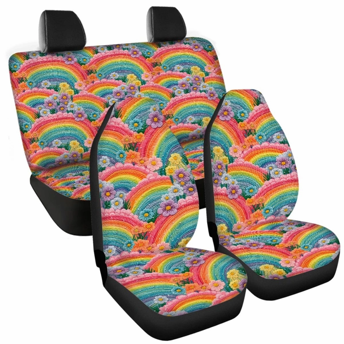 Rainbow Flowers Faux Embroidery Car Seat Covers Full Set - CLEARANCE