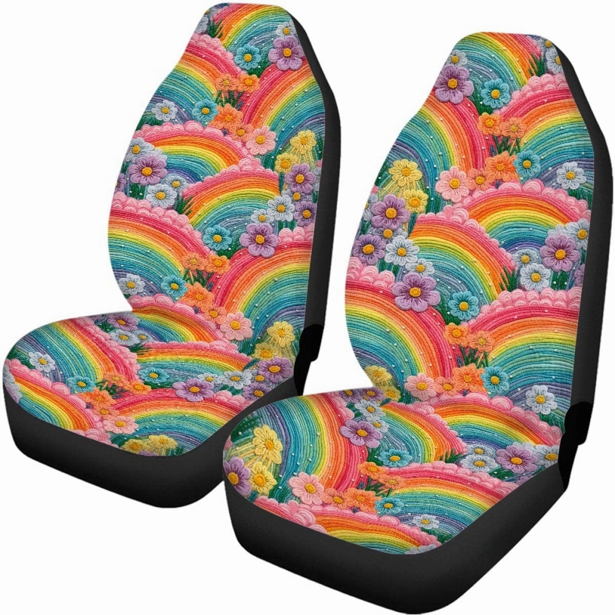 Rainbow Flowers Faux Embroidery Car Seat Covers Full Set - CLEARANCE