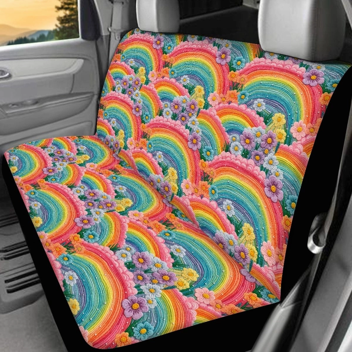 Rainbow Flowers Faux Embroidery Car Seat Covers Full Set - CLEARANCE
