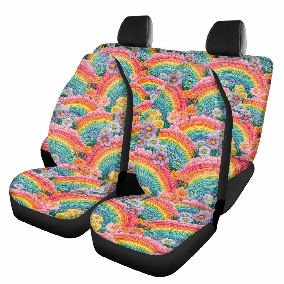 Rainbow Flowers Faux Embroidery Car Seat Covers Full Set - CLEARANCE