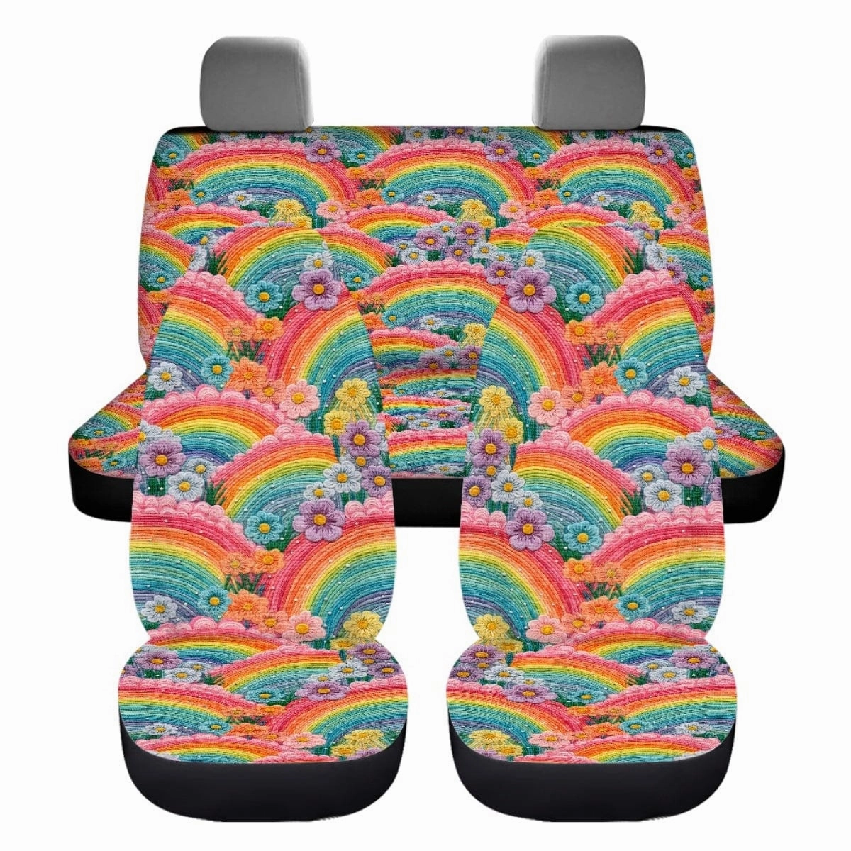 Rainbow Flowers Faux Embroidery Car Seat Covers Full Set - CLEARANCE