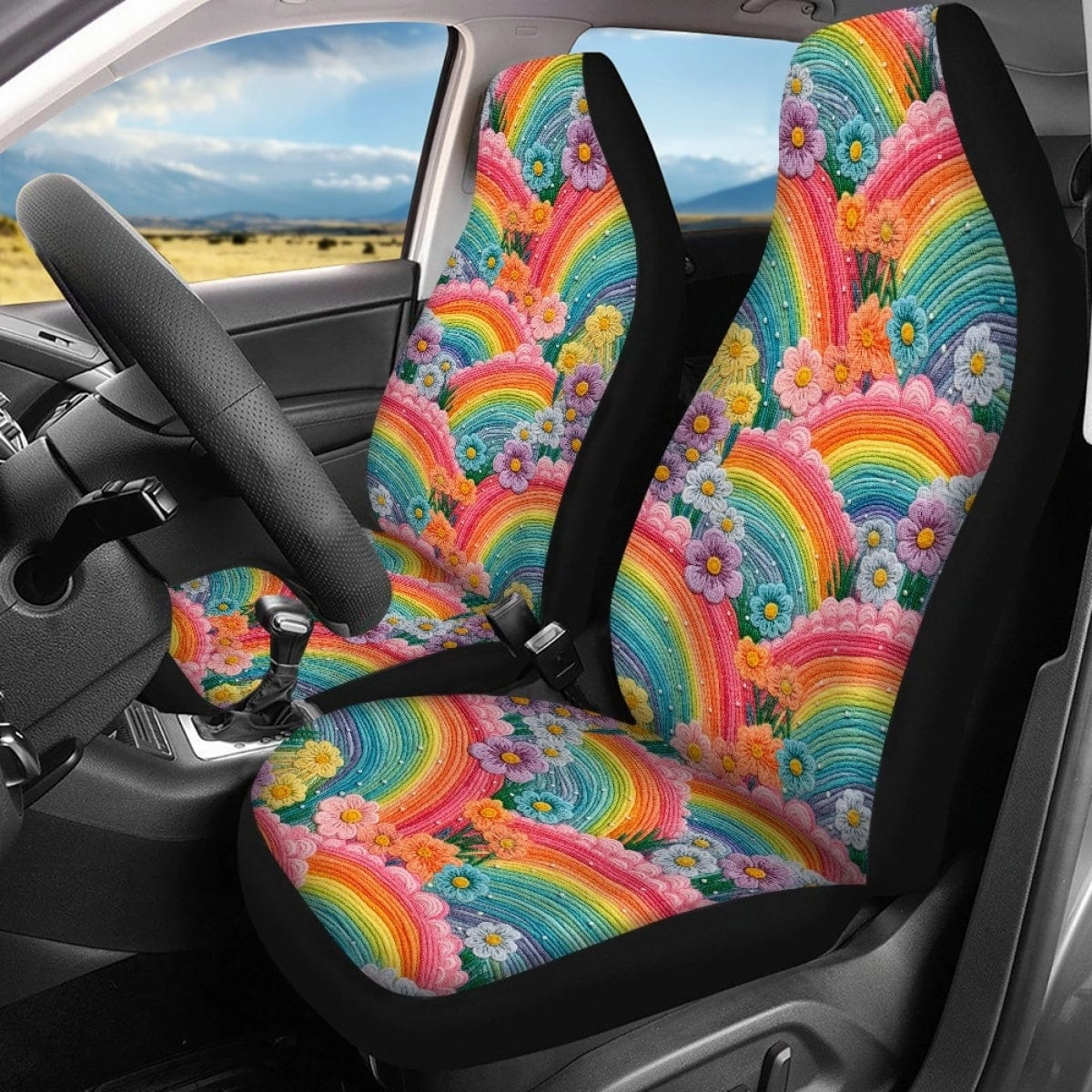 Rainbow Flowers Faux Embroidery Car Seat Covers Full Set - CLEARANCE