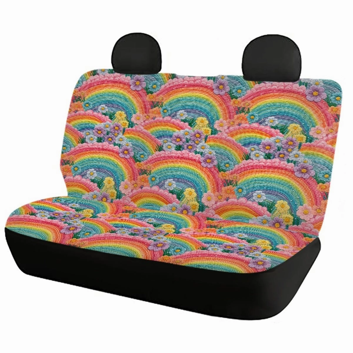 Rainbow Flowers Faux Embroidery Car Seat Covers Full Set - CLEARANCE