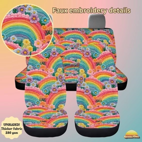 Rainbow Flowers Faux Embroidery Car Seat Covers Full Set - CLEARANCE