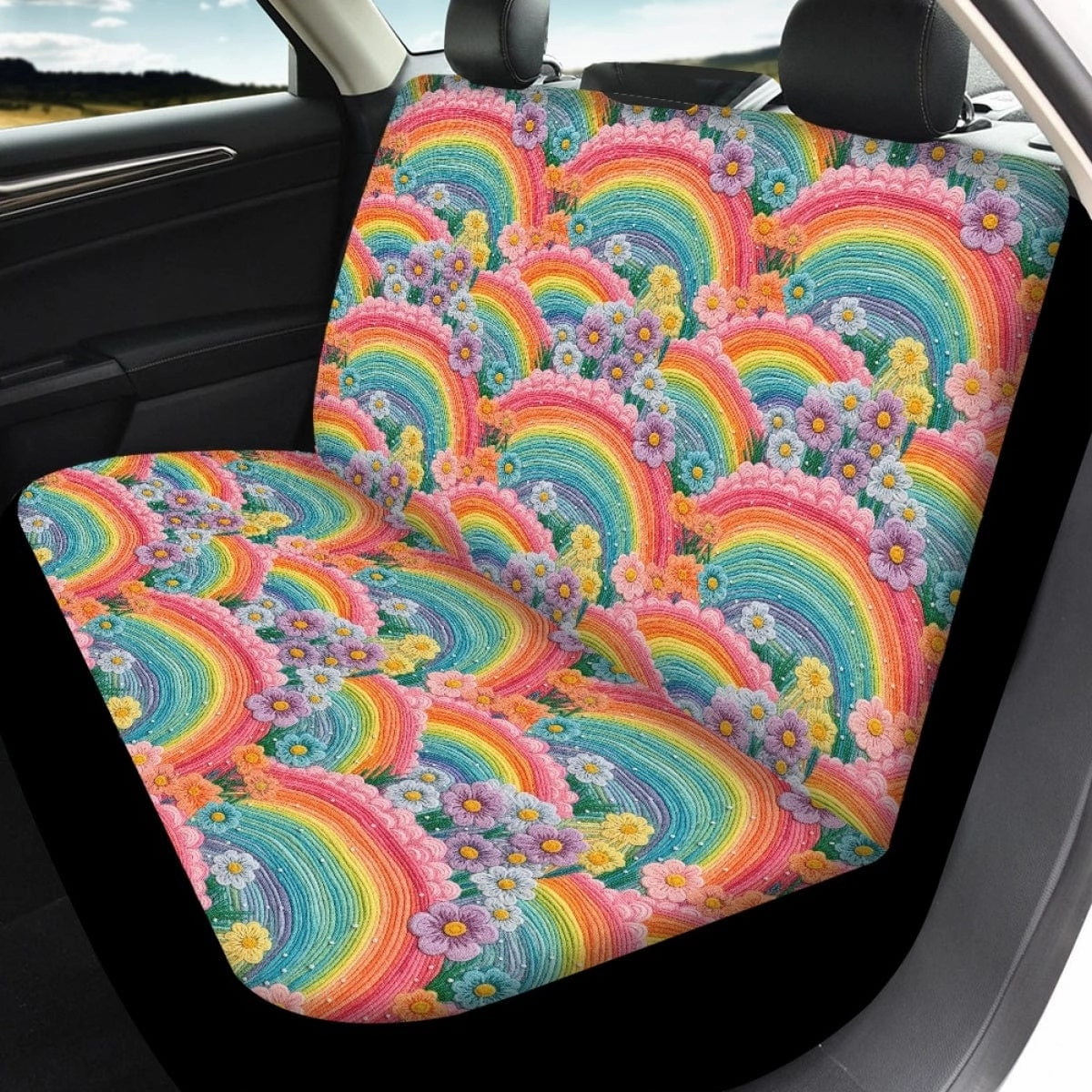 Rainbow Flowers Faux Embroidery Car Seat Covers Full Set - CLEARANCE