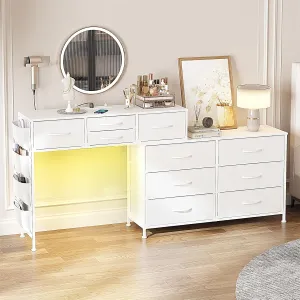REAHOME Dresser for Bedroom with Charging Station and LED Light, 67" Rotatable Vanity Desk with LED Light and Side Pockets, Makeup Table with 10 Fabric Drawers, Modern Home Office Desks, White