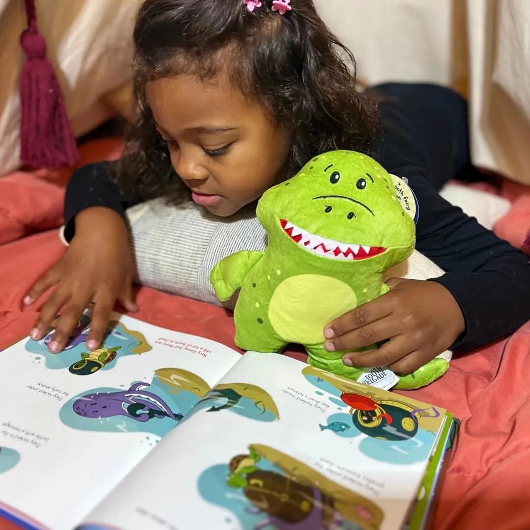 Rebel Dinosaur Tooth Fairy Pillow and Book Set | 8" Plush with Pocket for Lost Teeth & Hardcover Storybook w/Tracker, Q&A for Boys Girls Children of All Ages