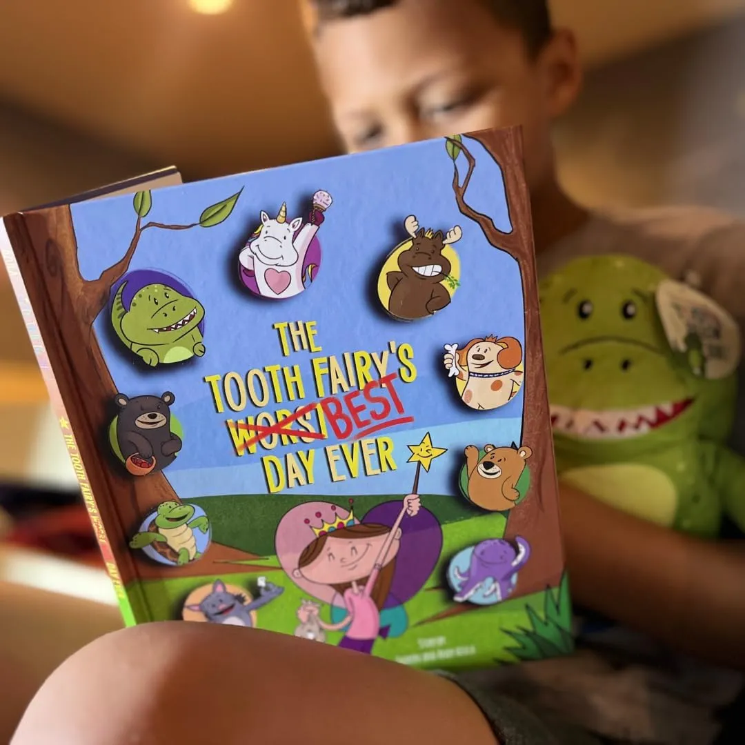 Rebel Dinosaur Tooth Fairy Pillow and Book Set | 8" Plush with Pocket for Lost Teeth & Hardcover Storybook w/Tracker, Q&A for Boys Girls Children of All Ages