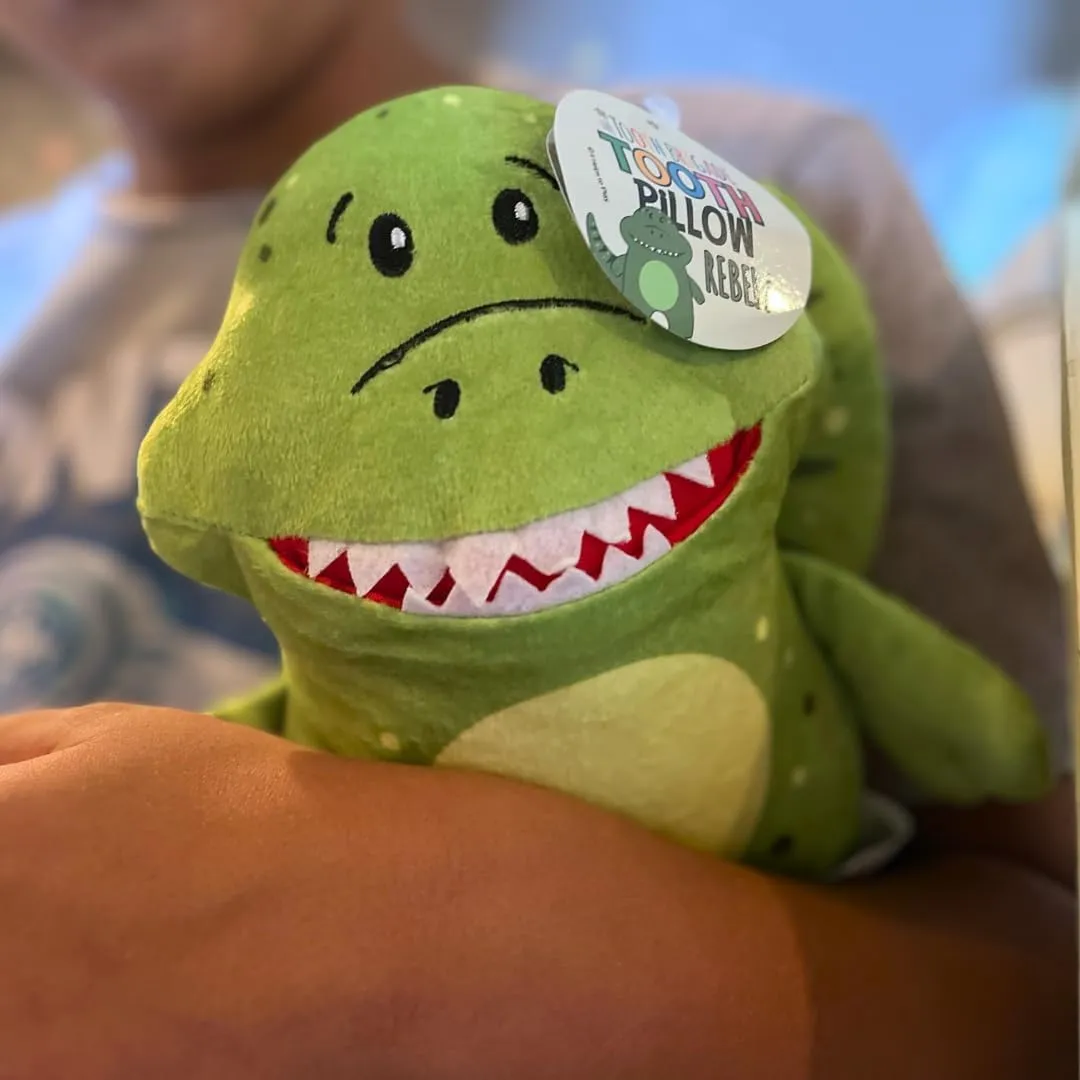 Rebel Dinosaur Tooth Fairy Pillow and Book Set | 8" Plush with Pocket for Lost Teeth & Hardcover Storybook w/Tracker, Q&A for Boys Girls Children of All Ages